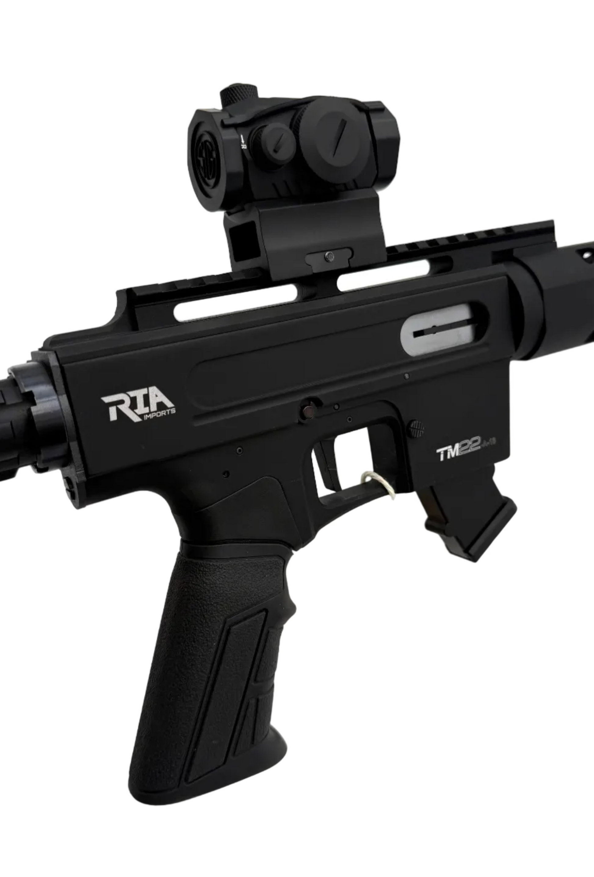 Semi-auto rifle by Rock Island, model Apintl TM22-A18, shown in a close-up image with black metal finish and tactical stock.