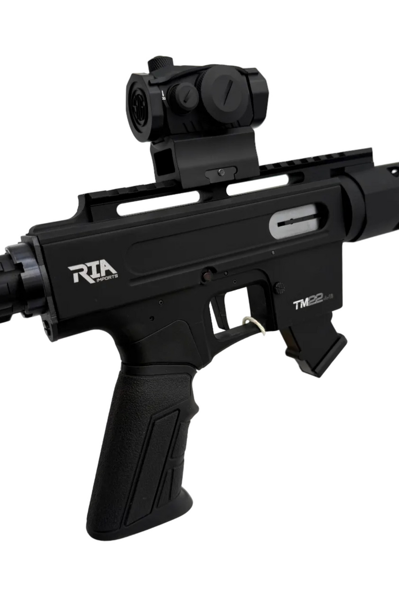 Semi-auto rifle by Rock Island, model Apintl TM22-A18, shown in a close-up image with black metal finish and tactical stock.