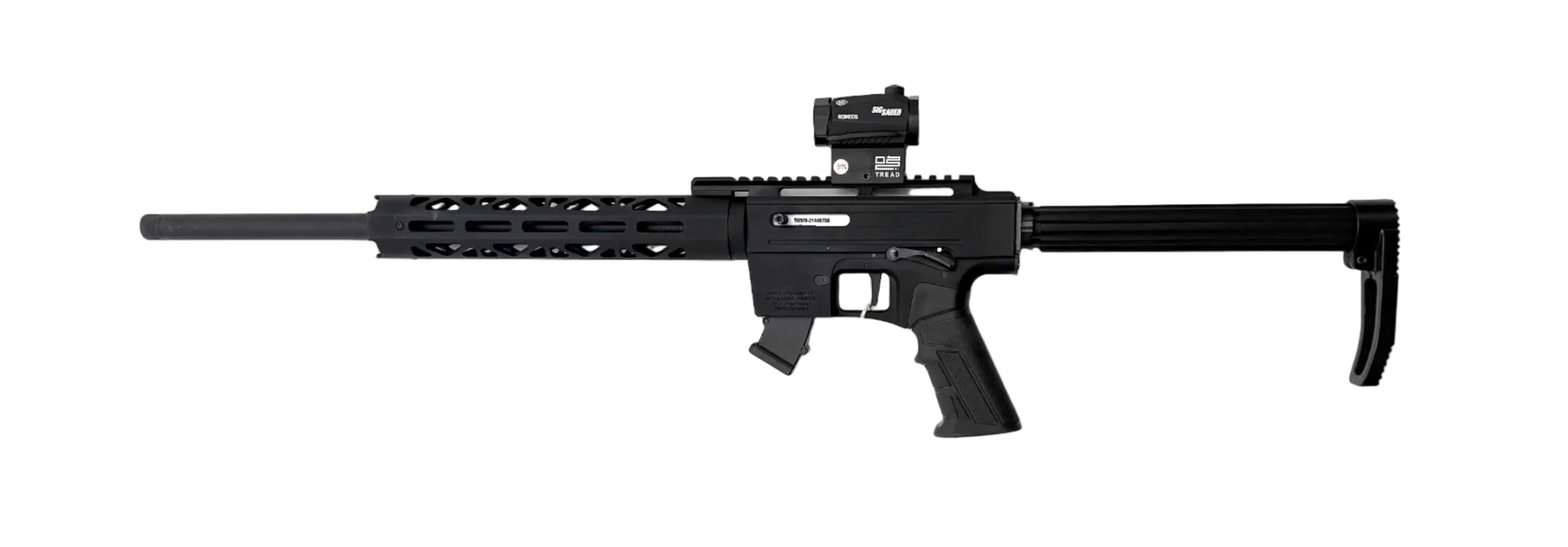 Rock Island Apintl TM22-A18 semi-auto rifle with black finish and ergonomic stock, shown from a side angle.