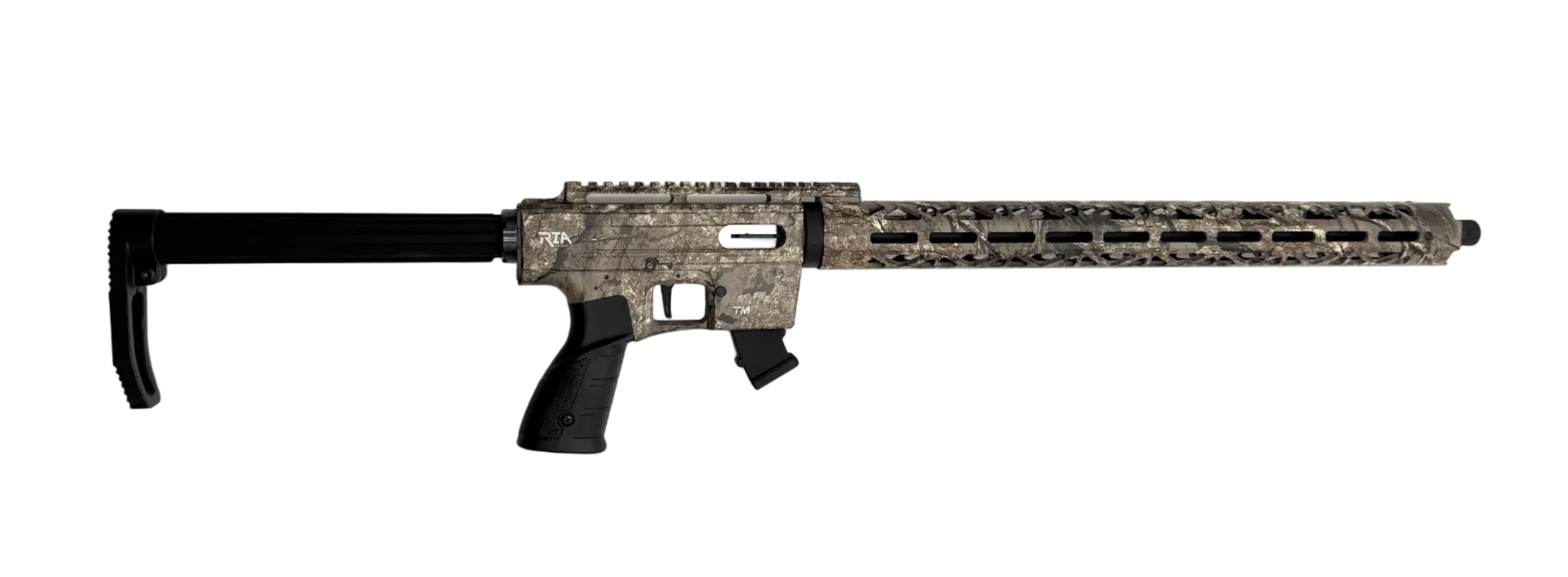 Semi-auto rifle by Rock Island TM22 A-20 in .22 LR with a timber stock, shown in a close-up shot.