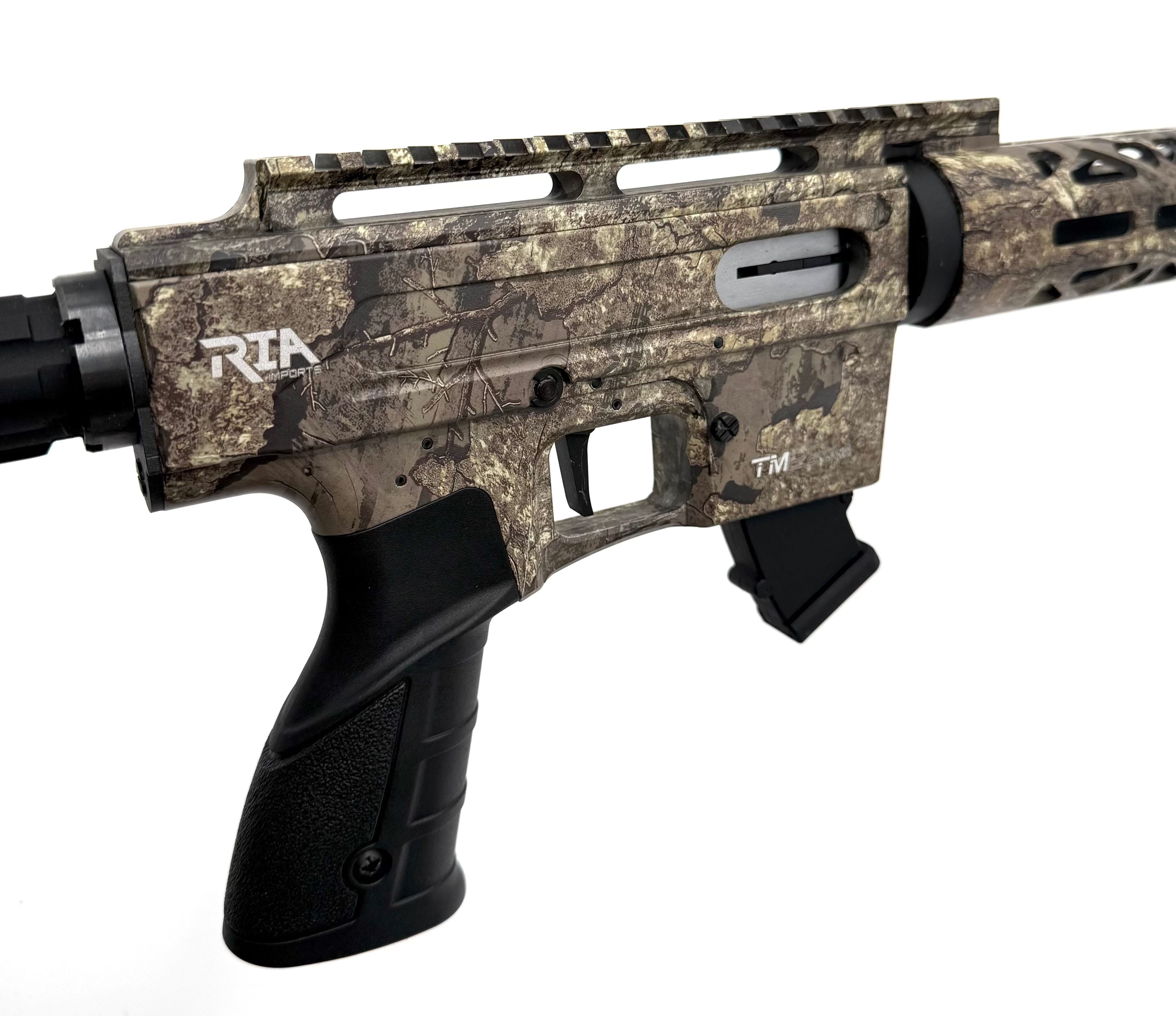 Rock Island TM22 A-20 .22 LR semi-auto rifle with timber stock, shown with metal barrel and stock details.