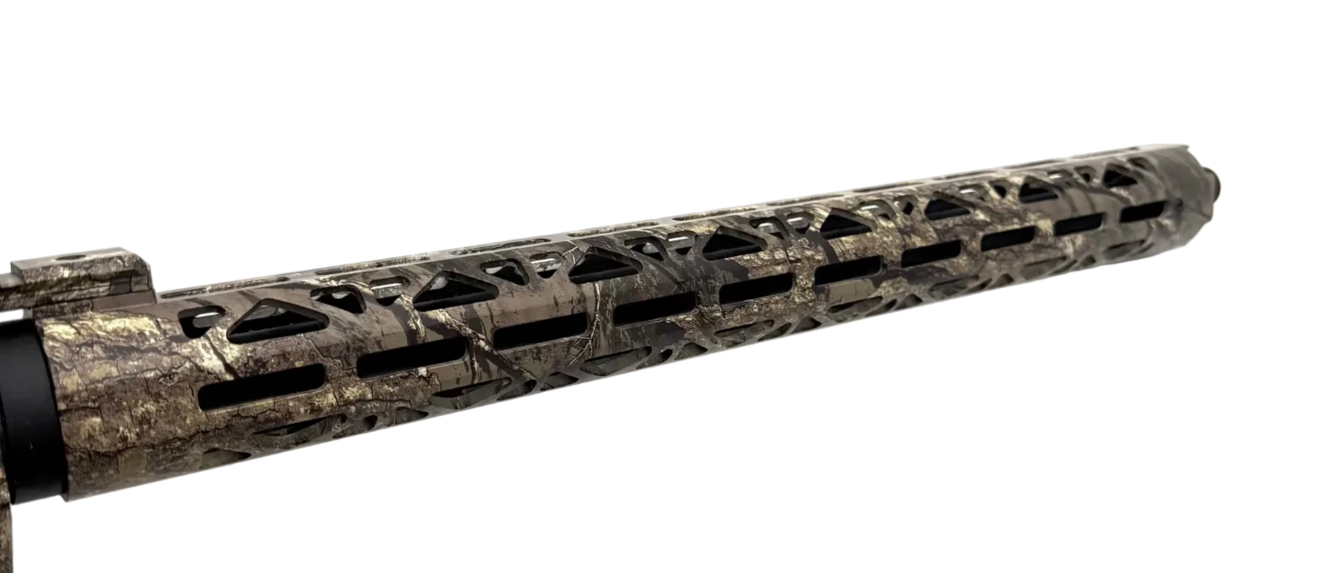 Rock Island TM22 A-20 .22 LR semi-auto rifle with a timber stock and black metal finish, shown resting on a surface.