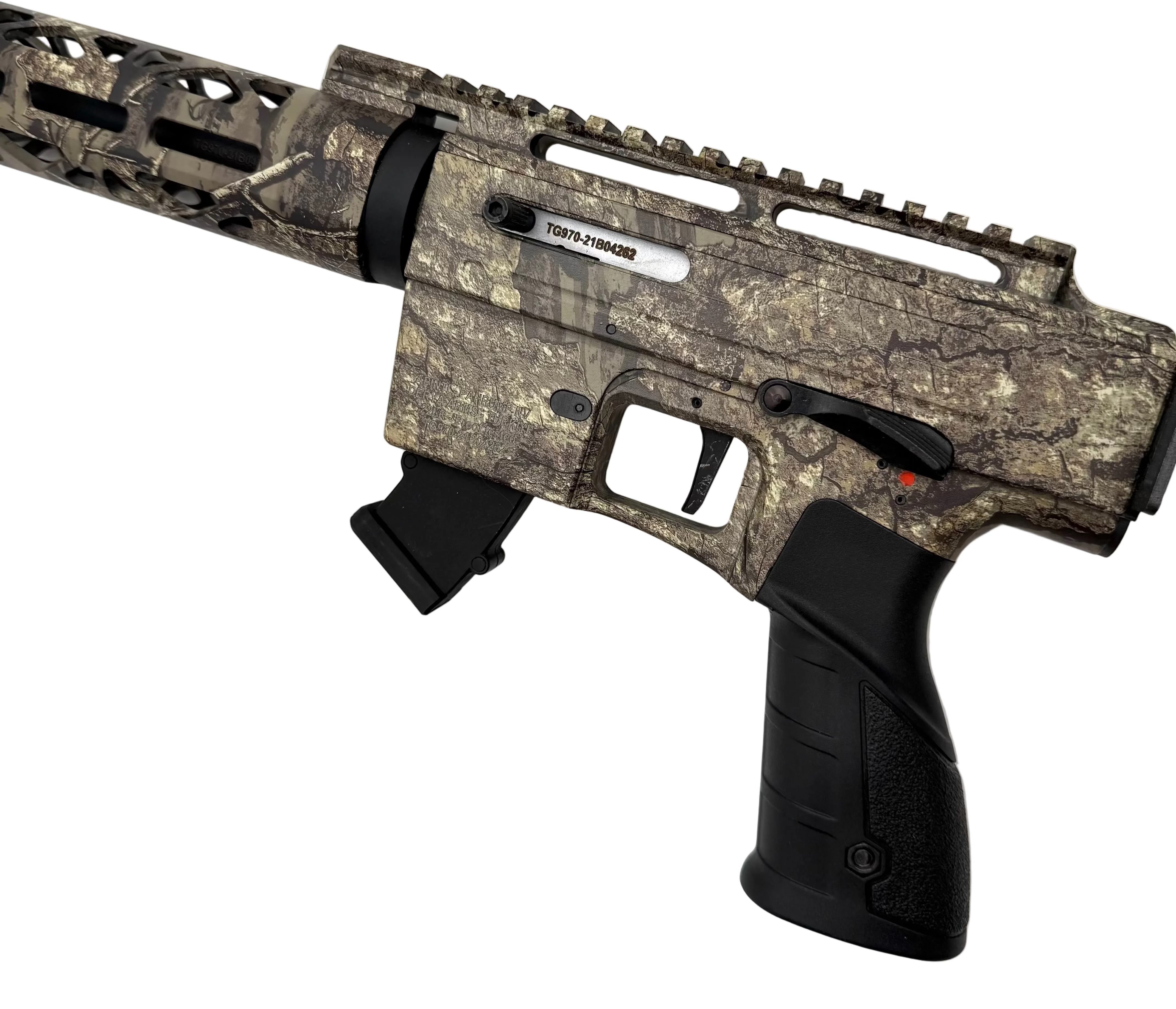 Rock Island TM22 A-20 .22 LR semi-auto rifle with a timber stock, showcasing the firearm's sleek design and wooden finish.