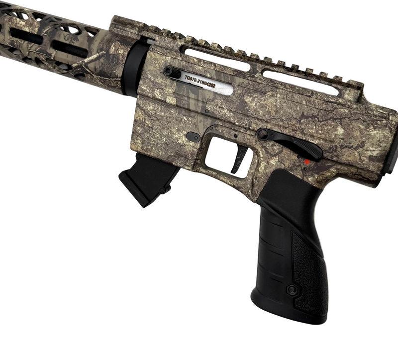 Rock Island TM22 A-20 .22 LR semi-auto rifle with a timber stock, showcasing the firearm's sleek design and wooden finish.