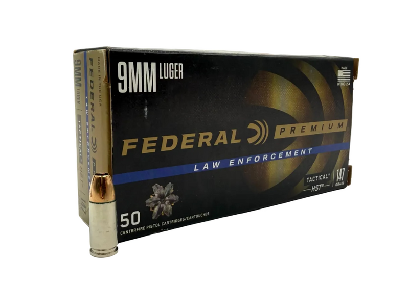 Federal Premium Law Enforcement 9mm Luger 147gr HST ammunition box with 50 rounds, featuring the Federal logo and packaging.