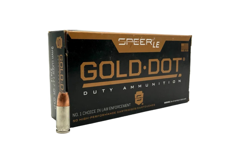 Speer LE Gold Dot Duty 9mm Luger 147gr GDHP ammo box with 50 rounds, featuring sleek packaging and label details.