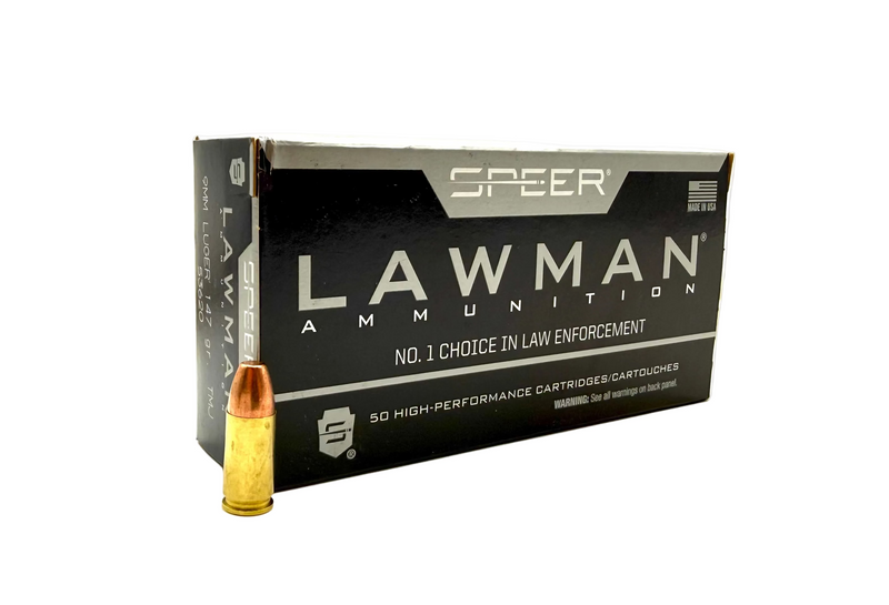 Speer Lawman 9mm Luger 147gr TMJ ammunition, 50-round box, showing brass casings and bullet tips.