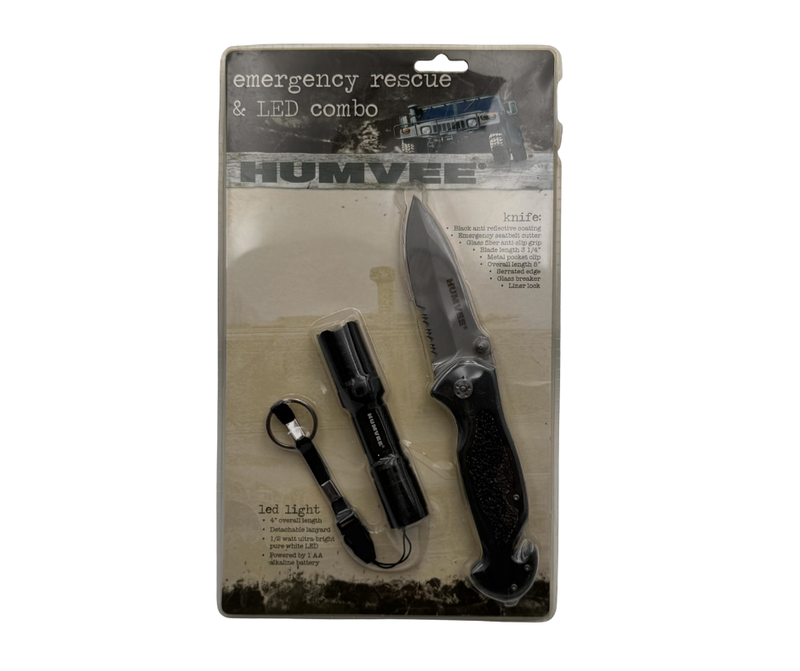 Humvee emergency rescue knife with integrated LED flashlight, black handle, and safety features for outdoor and rescue use.