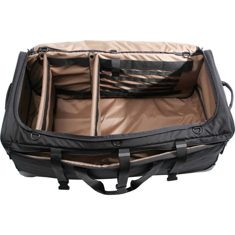 Blackhawk A.L.E.R.T. 5 heavy-duty tactical bag with strike webbing, black color, and multiple compartments for gear storage.