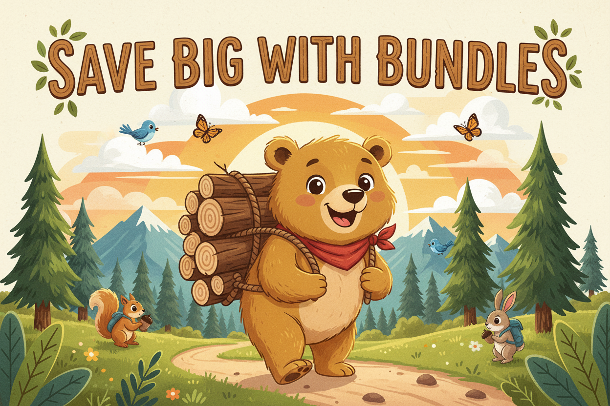 “Save Big with Bundles” with a nice friendly bear carrying a bundle of wood. In a fun outdoorsy theme! 